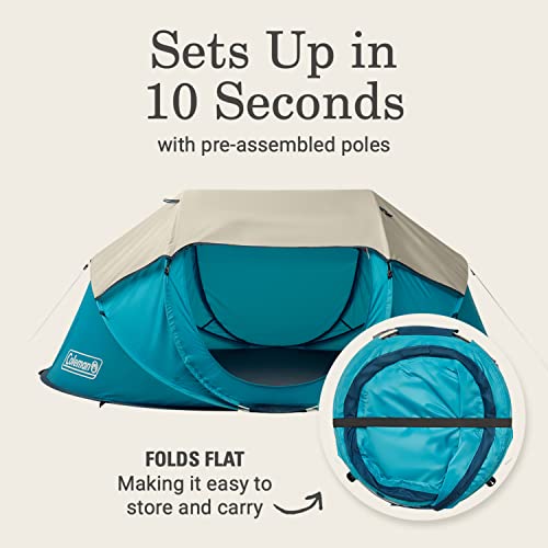 Coleman Pop-Up Camping Tent with Instant Setup, 2/4 Person Tent Sets Up in 10 Seconds, Includes Pre-Assembled Poles, Adjustable Rainfly, and Taped Floor Seams
