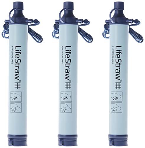 LifeStraw Personal Water Filter for Hiking, Camping, Travel, and Emergency Preparedness, 3 Pack, Blue