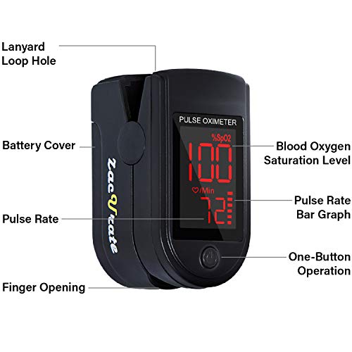 Zacurate Pro Series 500DL Fingertip Pulse Oximeter Blood Oxygen Saturation Monitor with Silicone Cover, Batteries and Lanyard (Royal Black)