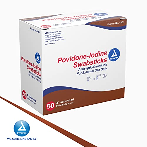Dynarex Povidone Iodine Swabsticks, Swabstick Packaged in Individual Foil Pack, Antiseptic for Skin Preparation, Brown, 1 Box of 50 Dynarex Povidone Iodine Swabsticks