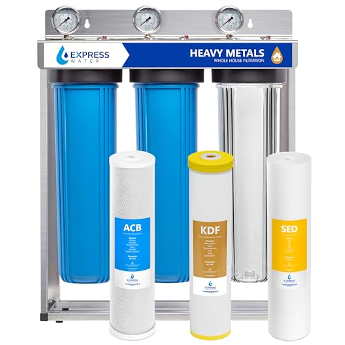 Express Water Heavy Metal Whole House Water Filter – 3 Stage Whole House Water Filtration System – Sediment, KDF, Carbon Filters – Includes Pressure Gauges, Easy Release, and 1” Inch Connections