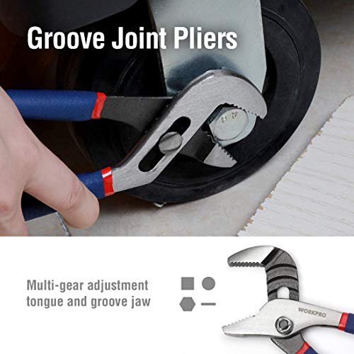 WORKPRO 7-piece Pliers Set (8-inch Groove Joint Pliers, 6-inch Long Nose, 6-inch Slip Joint, 4-1/2 Inch Long Nose, 6-inch Diagonal, 7-inch Linesman, 8-inch Slip Joint) for DIY & Home Use