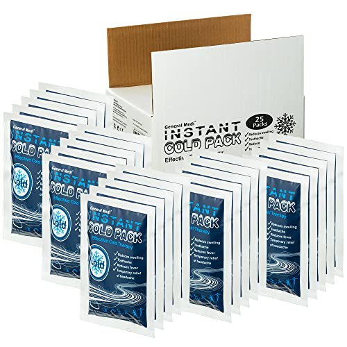 General Medi Instant Ice Cold Pack (4”x 5.5”) – 25 Packs Disposable Cold Therapy Ice Packs for Pain Relief, Swelling, Inflammation, Sprains, Toothache – for Athletes & Outdoor Activities