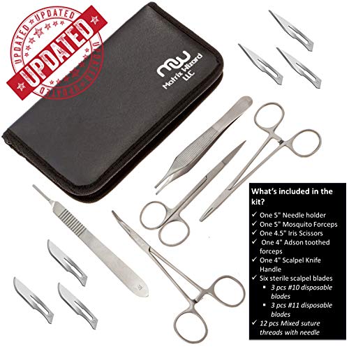 Sterile Sutures Thread with Needle Plus Tools - First Aid Field Emergency, Trauma Practice Suture Kit; Taxidermy; Medical, Nursing and Vet Students (16 Mixed 0, 2/0, 3/0, 4/0 with 12 Instruments) 28PK