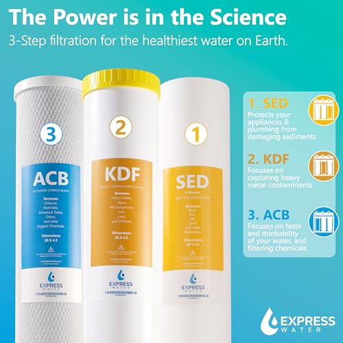 Express Water Heavy Metal Whole House Water Filter – 3 Stage Whole House Water Filtration System – Sediment, KDF, Carbon Filters – Includes Pressure Gauges, Easy Release, and 1” Inch Connections