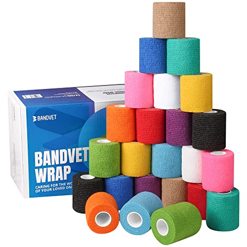 BANDVET WRAP Self Adhesive Bandage Wrap - Pack of 24, Assorted Colors, Non-Woven, Breathable & Water-Resistant Vet Wrap for First Aid, Sports Injury, Body Sprains, & Pets - 2 Inch x 5 Yards