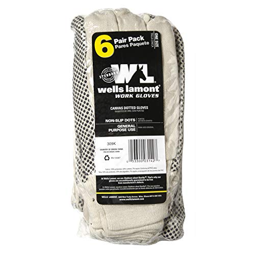 Wells Lamont Canvas Work Gloves, Economy Dotted, 6 Pair Pack (309K) , White