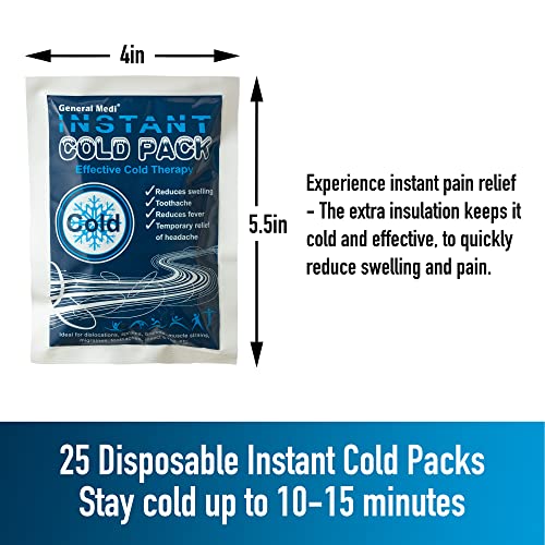 General Medi Instant Ice Cold Pack (4”x 5.5”) – 25 Packs Disposable Cold Therapy Ice Packs for Pain Relief, Swelling, Inflammation, Sprains, Toothache – for Athletes & Outdoor Activities