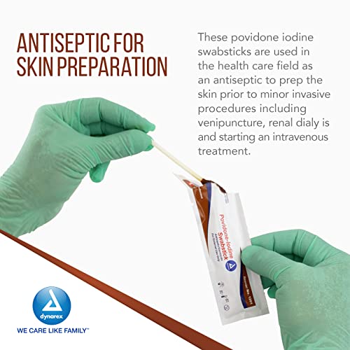 Dynarex Povidone Iodine Swabsticks, Swabstick Packaged in Individual Foil Pack, Antiseptic for Skin Preparation, Brown, 1 Box of 50 Dynarex Povidone Iodine Swabsticks