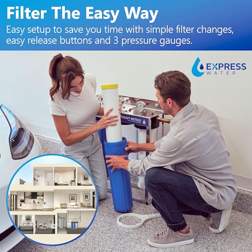 Express Water Heavy Metal Whole House Water Filter – 3 Stage Whole House Water Filtration System – Sediment, KDF, Carbon Filters – Includes Pressure Gauges, Easy Release, and 1” Inch Connections