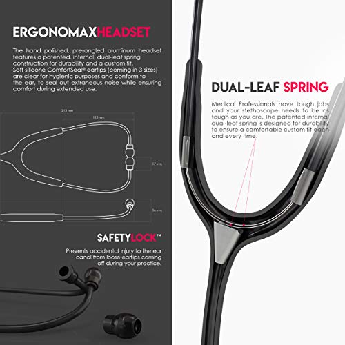 MDF Acoustica Lightweight Stethoscope for Doctors, Nurses, Students, Home Health Use, Adult, Dual Head, Black Tube, Black Chestpiece-Headset, MDF747XPBO