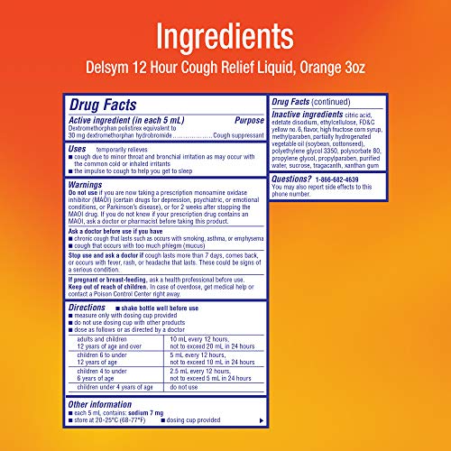 Delsym 12 Hour Cough Relief Liquid- Day Or Night, Orange Flavor with Dextromethorphan Helps Quiet Cough Medicine by Suppressing Cough Reflex, 3 oz. (Pack of 2)