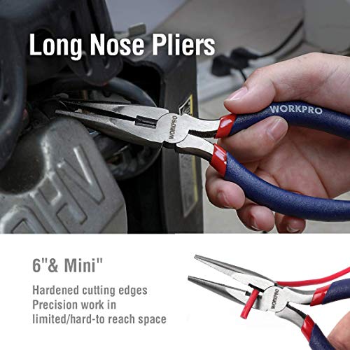 WORKPRO 7-piece Pliers Set (8-inch Groove Joint Pliers, 6-inch Long Nose, 6-inch Slip Joint, 4-1/2 Inch Long Nose, 6-inch Diagonal, 7-inch Linesman, 8-inch Slip Joint) for DIY & Home Use