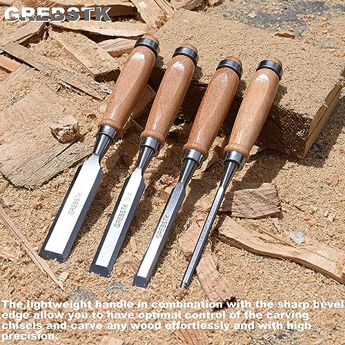 GREBSTK Professional Wood Chisel Set with Oxford Bag for Woodworking, CR-V Steel Chisel, Comfortable Beech Handle Wood Chisel, 4 Piece