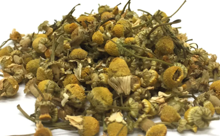 Dried chamomile flowers on a white background