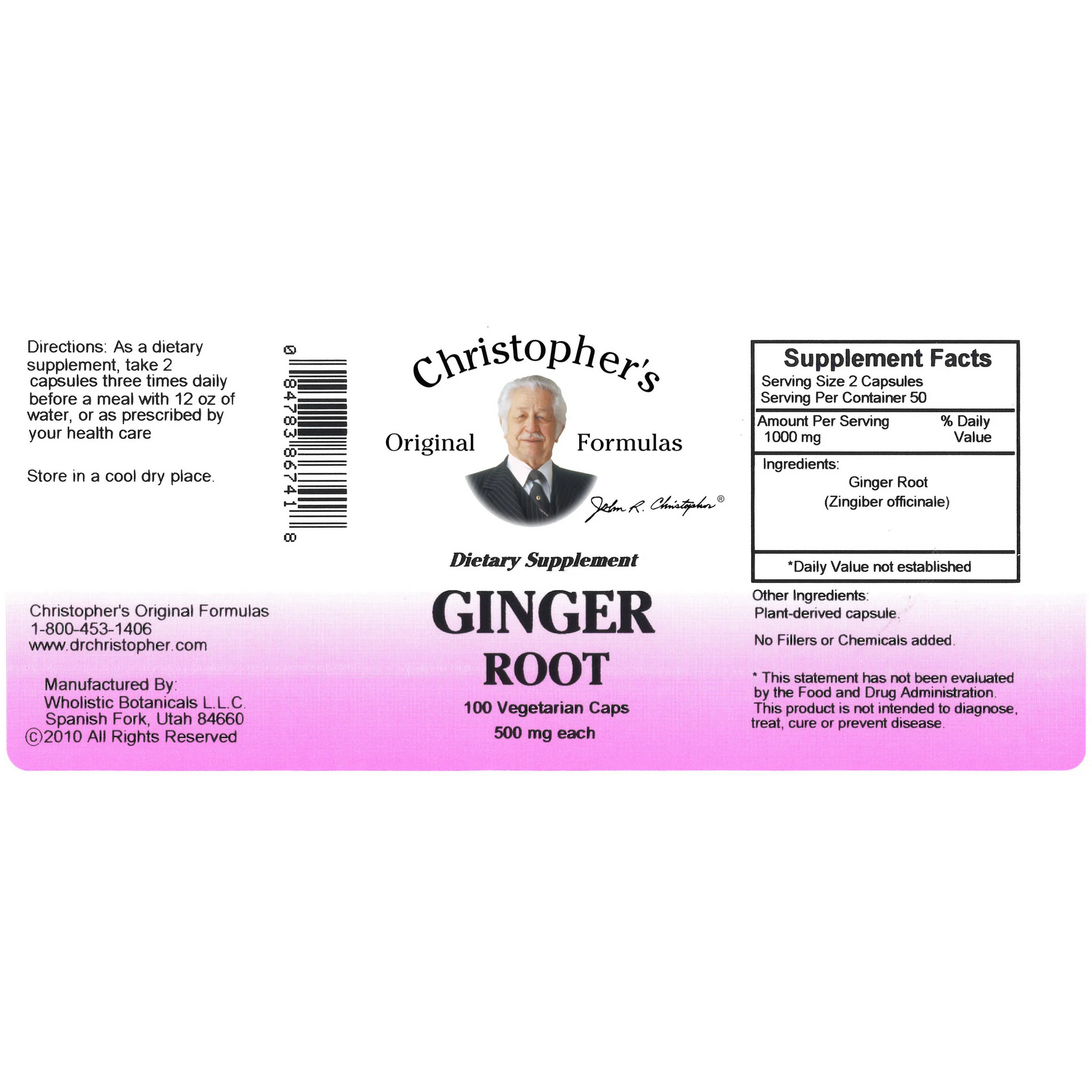 Ginger Root capsules label close-up from Dr. Christopher
