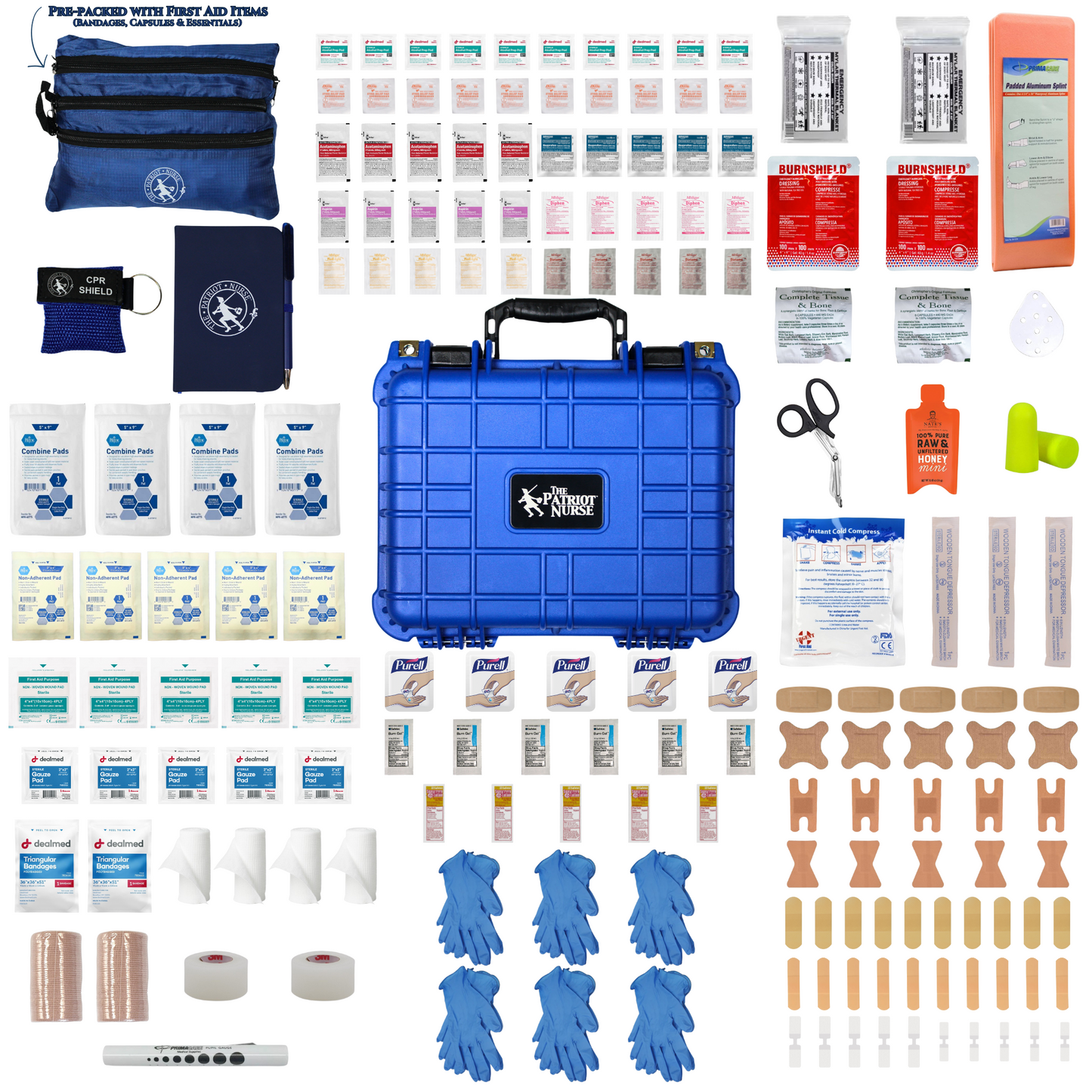 Grab n’ Go supply kit contents laid out on a flat surface