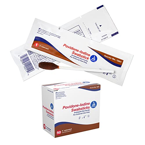 Dynarex Povidone Iodine Swabsticks, Swabstick Packaged in Individual Foil Pack, Antiseptic for Skin Preparation, Brown, 1 Box of 50 Dynarex Povidone Iodine Swabsticks