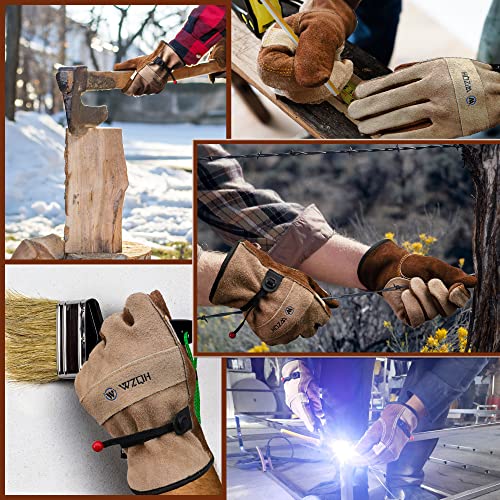 WZQH Leather Work Gloves for Men or Women. Large Glove for Gardening, Tig/Mig Welding, Construction, Chainsaw, Farm, Ranch, etc. Cowhide, Cotton Lined, Utility, Firm Grip, Durable. Coffee-grey L