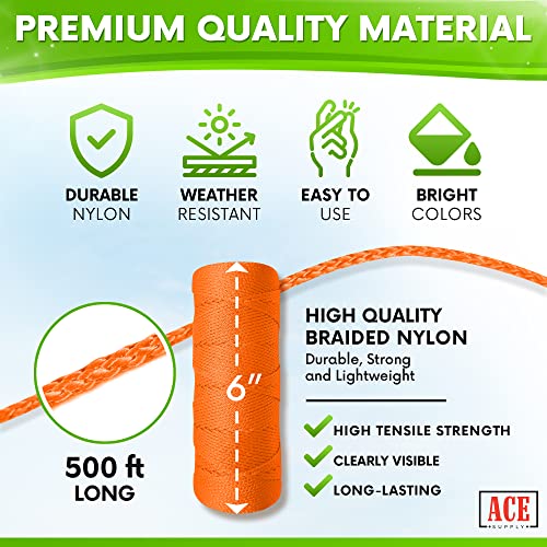 Orange Mason Line String Line - #18 Braided Nylon String - 500 Ft Length - Nylon Twine for Gardening Or Masonry Tools - Perfect Construction String for A String Level, Twine String for Gardening