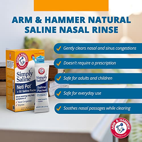 GuruNanda Arm & Hammer Neti Pot with 50 Salt Packets, Nasal Rinse Kit for Sinus Wash, Helps Relieve Nasal Congestion & Irritation, Allergy Relief, & Dryness, BPA-Free, Adults & Kids, Blue(240 ml)