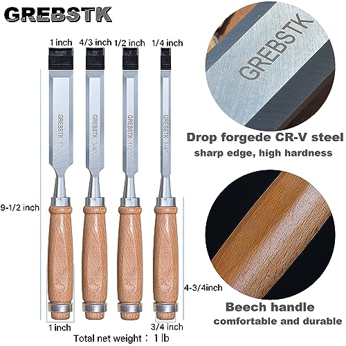GREBSTK Professional Wood Chisel Set with Oxford Bag for Woodworking, CR-V Steel Chisel, Comfortable Beech Handle Wood Chisel, 4 Piece