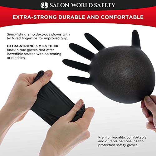 Salon World Safety Black Nitrile Disposable Gloves, Box of 100, Size Large, 5.0 Mil - Latex Free, Textured, Food Safe