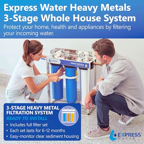Express Water Heavy Metal Whole House Water Filter – 3 Stage Whole House Water Filtration System – Sediment, KDF, Carbon Filters – Includes Pressure Gauges, Easy Release, and 1” Inch Connections