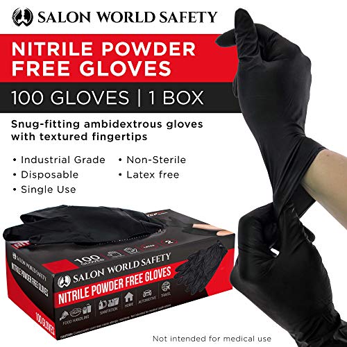 Salon World Safety Black Nitrile Disposable Gloves, Box of 100, Size Large, 5.0 Mil - Latex Free, Textured, Food Safe