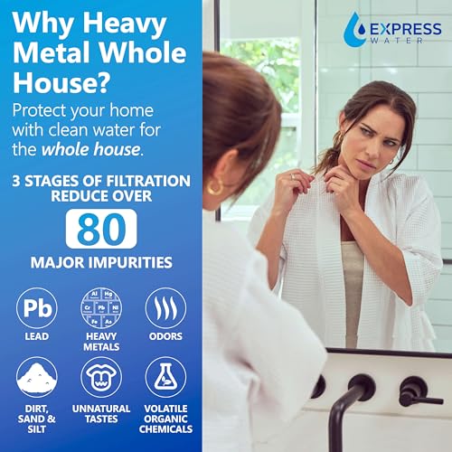 Express Water Heavy Metal Whole House Water Filter – 3 Stage Whole House Water Filtration System – Sediment, KDF, Carbon Filters – Includes Pressure Gauges, Easy Release, and 1” Inch Connections