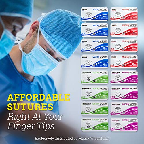 Sterile Sutures Thread with Needle Plus Tools - First Aid Field Emergency, Trauma Practice Suture Kit; Taxidermy; Medical, Nursing and Vet Students (16 Mixed 0, 2/0, 3/0, 4/0 with 12 Instruments) 28PK