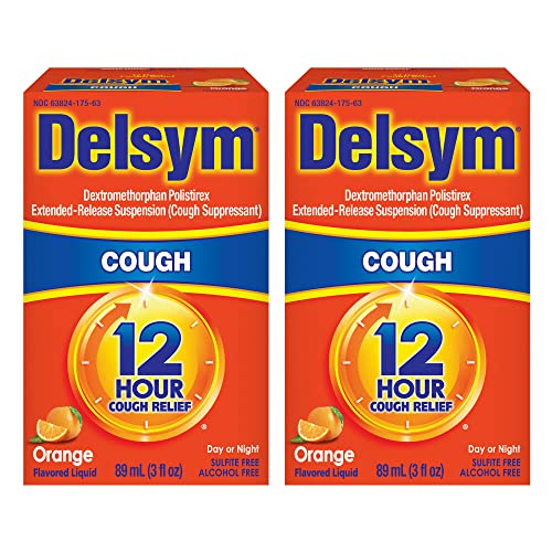 Delsym 12 Hour Cough Relief Liquid- Day Or Night, Orange Flavor with Dextromethorphan Helps Quiet Cough Medicine by Suppressing Cough Reflex, 3 oz. (Pack of 2)